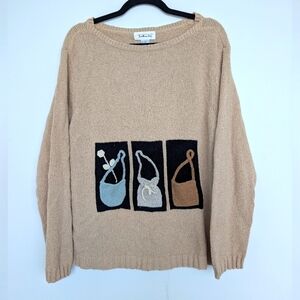 Vintage 3D Knit Talbots Tan Hand Bag Design Boat Neck Sweater Sz L Unique
